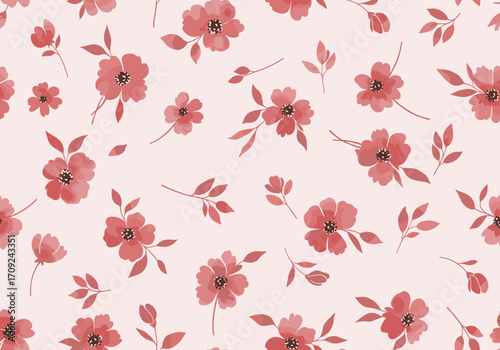 A delicate pattern of soft red watercolor flowers and scattered leaves on a pale pink background.