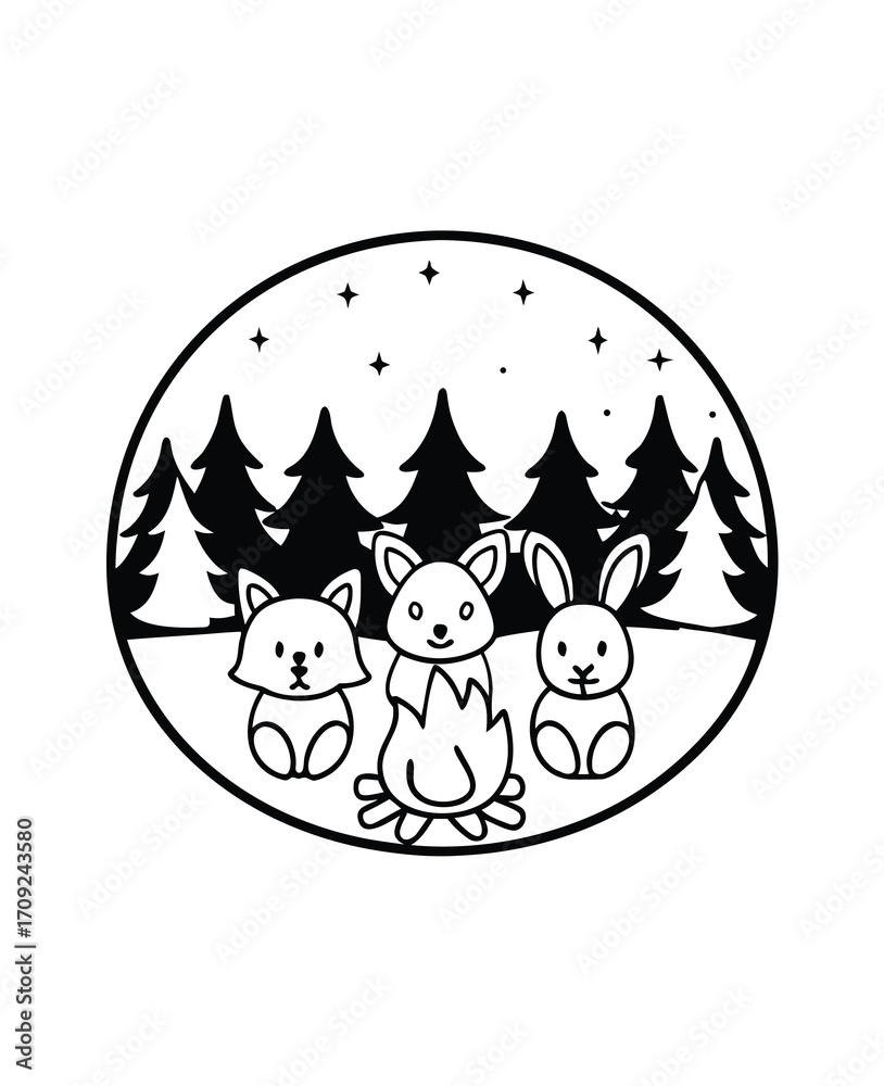 Fototapeta premium Cute forest animals gathering around a campfire under a starry night sky drawing