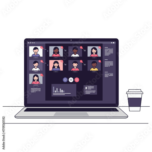Online Meeting on Laptop Diverse Participants Engaged in Video Conference