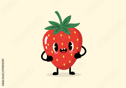 A cheerful cartoon strawberry with a smiling face and hands on its hips stands against a light yellow background.