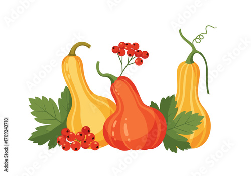 A vibrant collection of autumn gourds and berries evoking seasonal harvest themes.