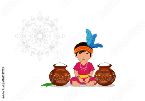 A festive image depicting a young child adorned in traditional attire with decorative pots filled with rice symbolizing harvest and prosperity celebrations.