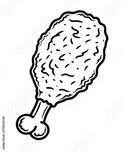 Illustration of a crispy fried chicken leg with bone on a white background