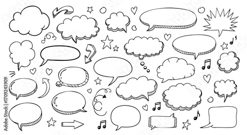 Hand drawn speech bubbles, thought clouds, arrows, hearts, and music notes for creative ideas