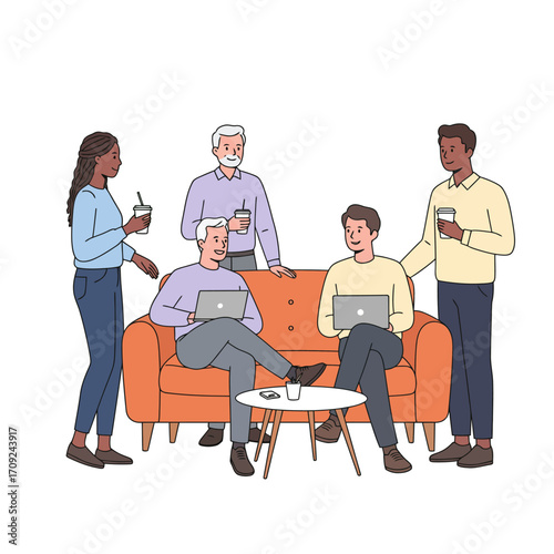 A diverse group of colleagues enjoys a casual business meeting in a relaxed office lounge, collaborating on laptops and sharing ideas