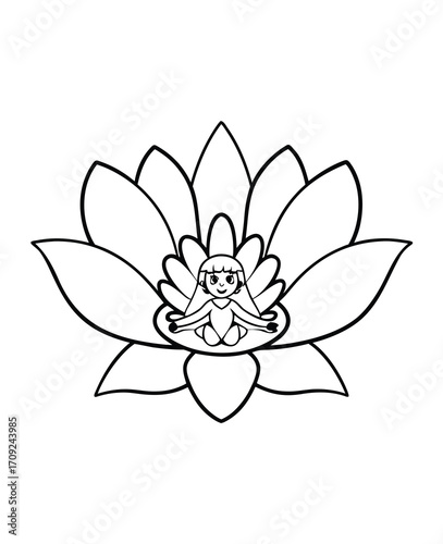 Lotus flower with fairy girl in meditative pose line art illustration