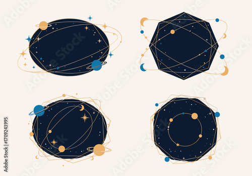 Four celestial inspired abstract cosmic shapes with orbits and planets.