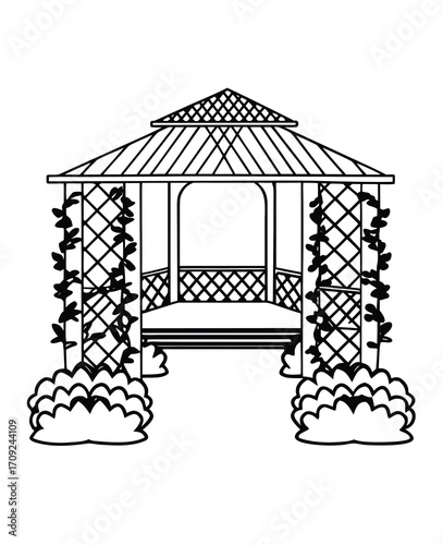 Outlined garden gazebo structure with climbing plants and bushes ready for coloring book pages