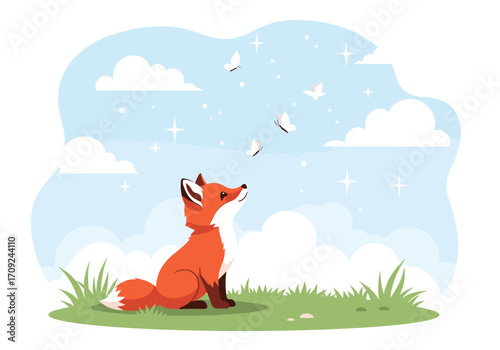 A curious fox sits in a grassy field watching butterflies flutter against a cloudy blue sky.