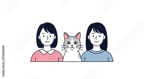 Two cheerful young women with their adorable cat ready for a social media profile picture or a fun blog post