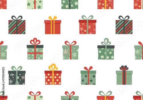 A festive collection of beautifully wrapped holiday gift boxes arranged in a repeating pattern for seasonal decoration.