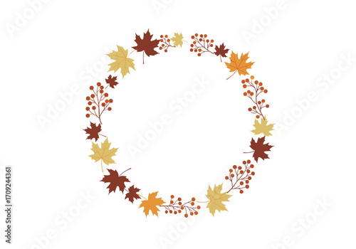 A circular arrangement of autumn leaves and berries creates a decorative border for fall themed designs.