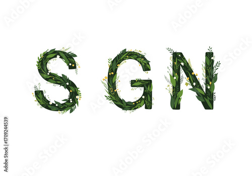 Green leaf letters forming the abbreviation SGN with small yellow flowers.