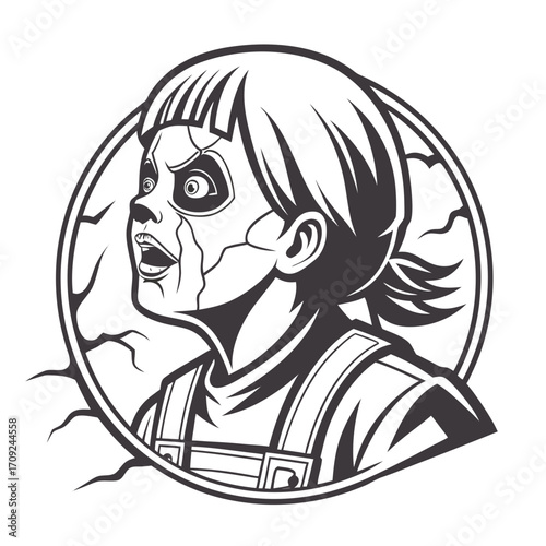 Creepy zombie girl with scary expression on face