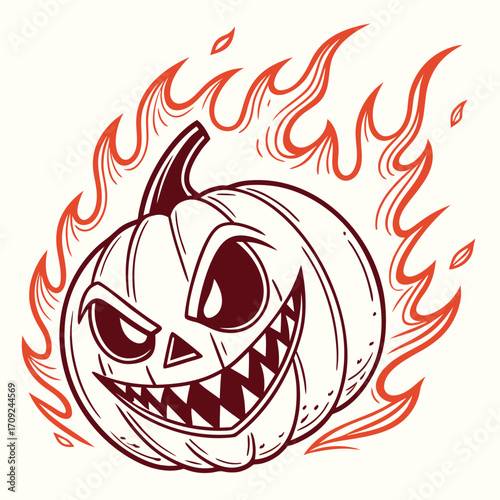 Evil pumpkin with flame for halloween design