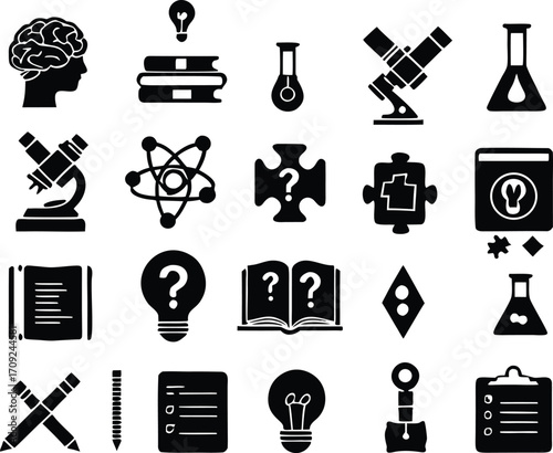 Flat Education and Science Icons – Black Silhouette Vector Set