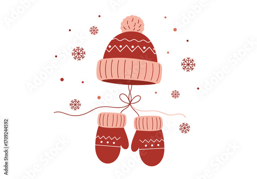 Winter hat and mittens for cold weather and holidays.