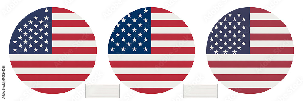 Fototapeta premium Set of three circular American flag icons, transparent background, png.