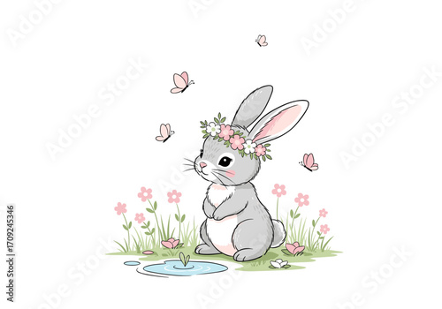 A cute bunny wearing a flower crown surrounded by butterflies and flowers in a meadow.