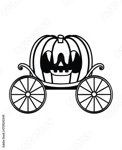 Halloween pumpkin carriage with spooky face and wheels monochrome design element