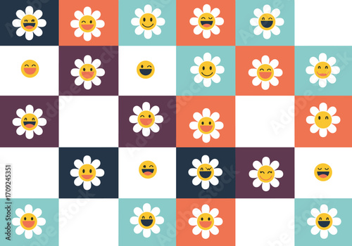A delightful mosaic of cheerful daisy emojis and vibrant color blocks.