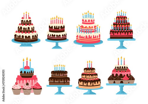A collection of delicious and beautifully decorated multi-tiered birthday cakes with candles ready for celebration.