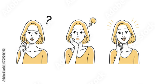 Woman progresses from confusion to clarity, finding the perfect solution with a bright idea.