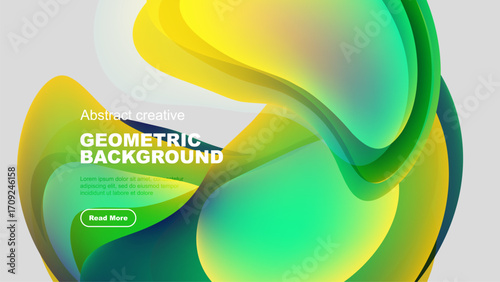 Fluid shapes blend yellow, green hues. Modern design features text, button. Abstract composition creates dynamic visual impact.
