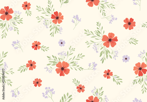A delicate watercolor pattern featuring scattered red wildflowers and small purple blooms with soft green foliage.