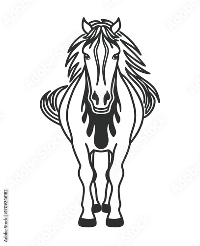 Elegant Horse Illustration with Flowing Mane in Black and White Art Style