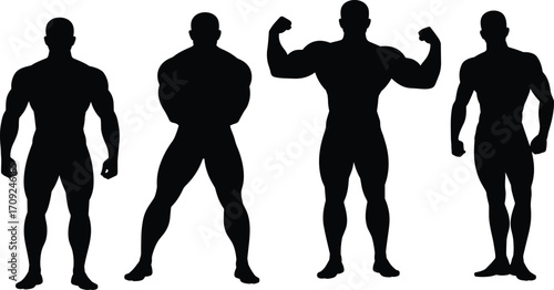 Bodybuilding silhouette vector design, muscular men posing, strong athlete artwork, fitness training graphic, workout strength illustration, professional bodybuilder gym poster template