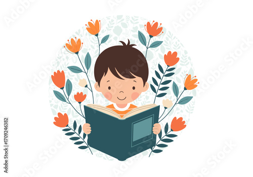 A young boy happily reads an open book surrounded by blooming flowers and green leaves.