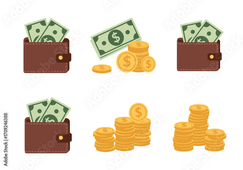 Illustrations depicting various representations of money including wallets with cash and stacks of coins.
