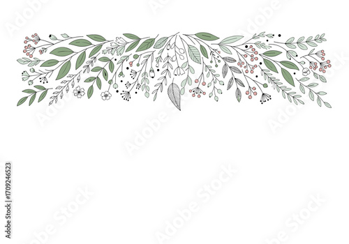 A delicate floral border illustration featuring an assortment of leaves berries and tiny flowers.