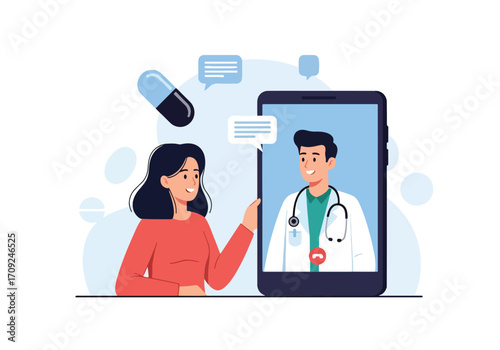 Flat style illustration of a woman having an online consultation with a doctor via smartphone, representing telemedicine, digital healthcare services, and remote medical advice