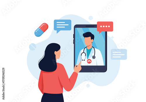 Flat style illustration of a woman having an online consultation with a doctor via smartphone, representing telemedicine, digital healthcare services, and remote medical advice