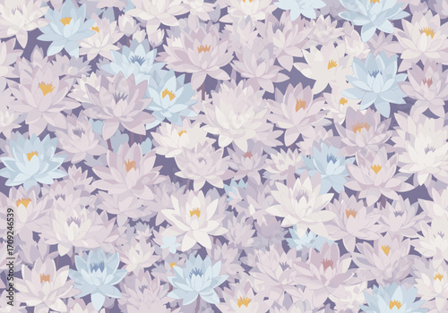 A serene collection of water lilies floats gently on a deep blue pond surface.