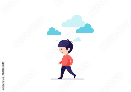 A cheerful cartoon boy walks happily under a bright sky with fluffy clouds.