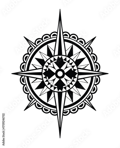Detailed black and white compass rose design for nautical themes or adventure concepts