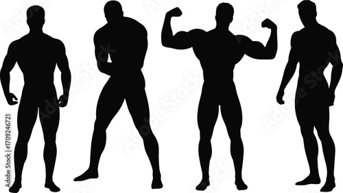 Bodybuilding silhouette vector illustration, muscular man poses, strong athlete figure, fitness gym artwork, workout strength graphic design, professional bodybuilder poster template