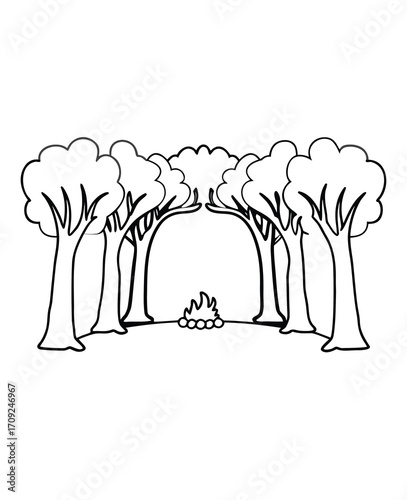 Outlined illustration of campsite with bonfire surrounded by forest trees outdoors