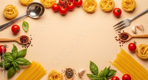Italian Pasta Dish Ingredients Arrangement.
