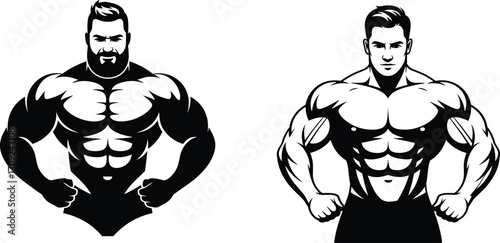 Muscular bodybuilding vector illustration, strong athlete artwork, fitness logo design, gym strength drawing, powerful male physique graphic, sport training poster template