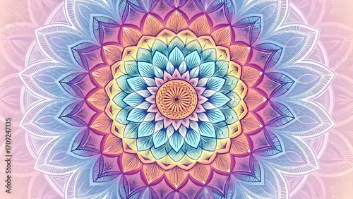 Fototapeta samoprzylepna Vibrant rainbow mandala pattern promoting inner peace and spiritual awakening with soft pastel gradients