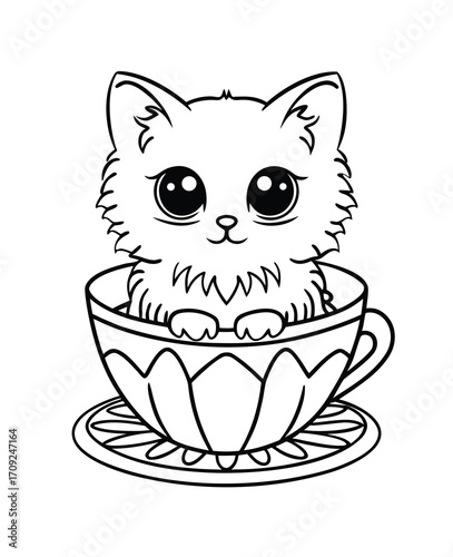 Adorable cartoon kitten sitting inside a teacup on a saucer illustration design
