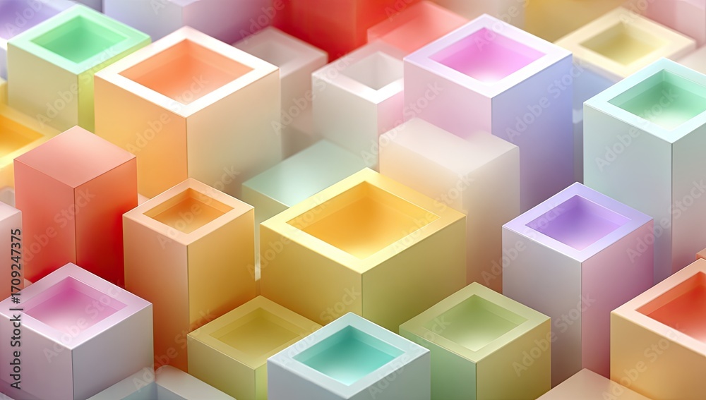Fototapeta premium Abstract colorful 3D shapes, interlocking boxes in pastel hues