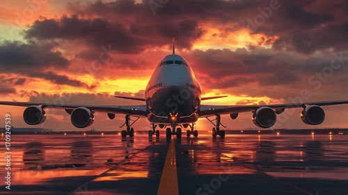 Airplane on Runway at Sunset with Dramatic Sky
