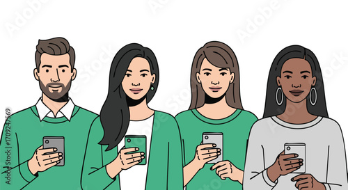 Diverse group of friends browsing social media on smartphones together wearing green and white