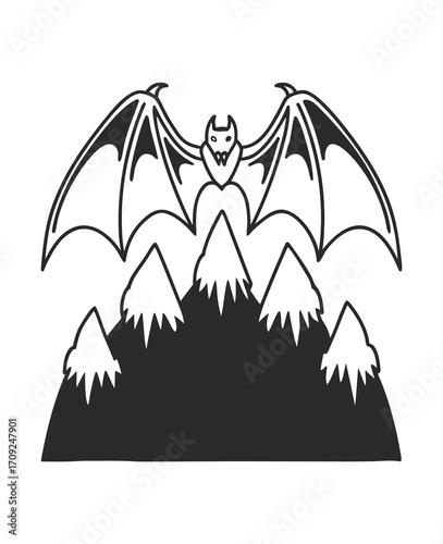 Stylized Halloween bat flying over snowy mountain peaks in black and white