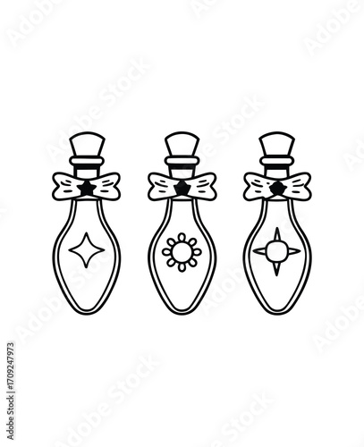 Magical potion bottles with decorative symbols in outline style for creative design